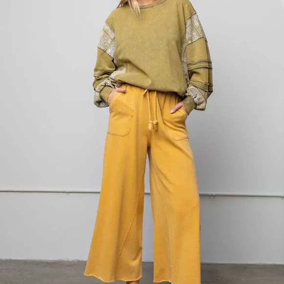 Easel Washed Terry Knit Wide Unfinished Trim Relaxed Mustard Pants - Picture 2 of 5